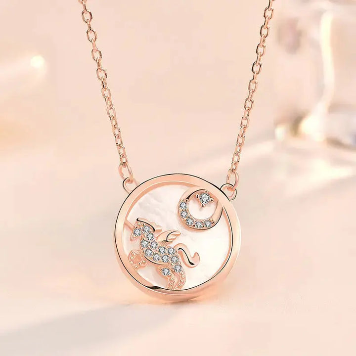 Gift Mother of Shell Moon CZ Unicorn 925 Sterling Silver Necklace LOVCIA