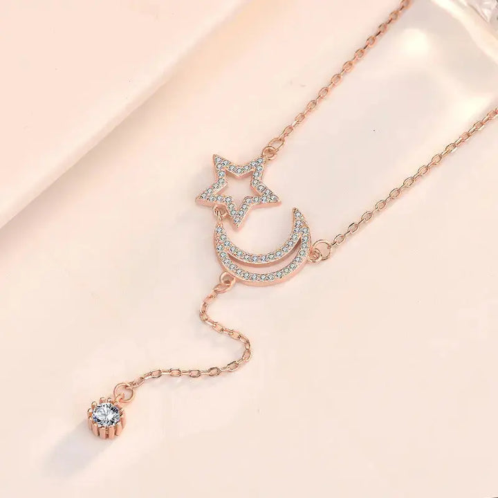 Friend's CZ Hollow Crescent Moon Star Tassels 925 Sterling Silver Necklace LOVCIA