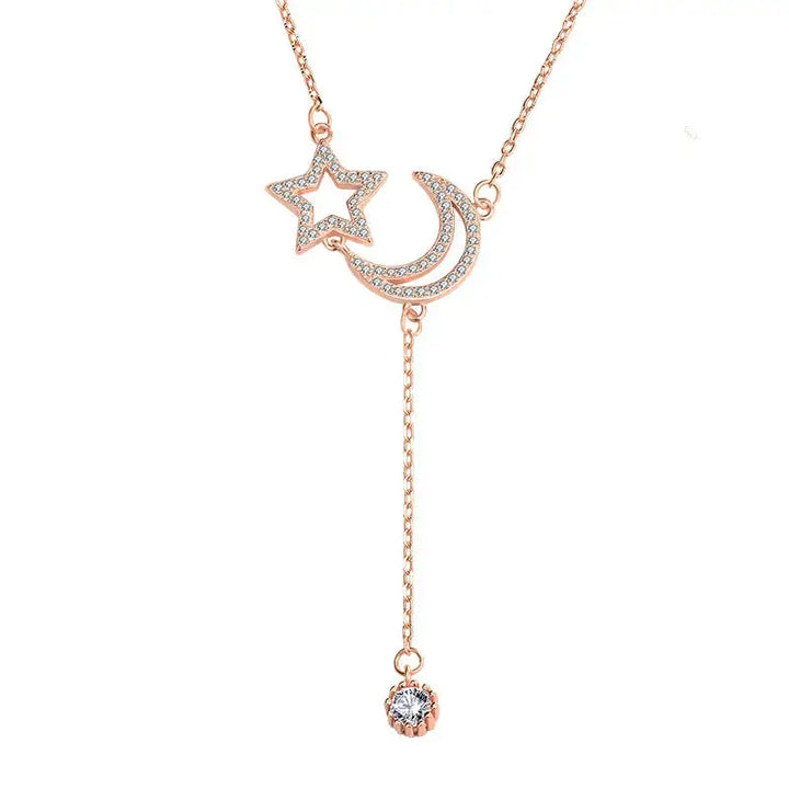 Friend's CZ Hollow Crescent Moon Star Tassels 925 Sterling Silver Necklace LOVCIA