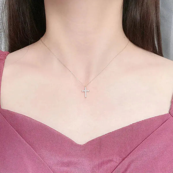 Classic Simple CZ Cross 925 Sterling Silver Necklace LOVCIA