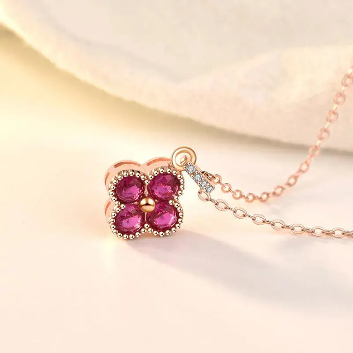 Beautiful Pink CZ Four Leaf Clover 925 Sterling Silver Necklace LOVCIA