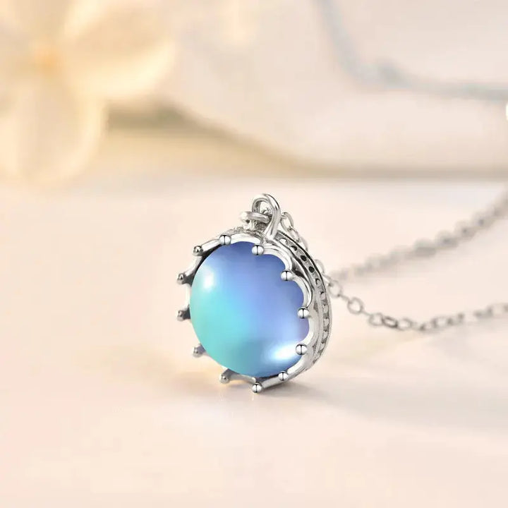 Beautiful Round Natural Moonstone Sea 925 Sterling Silver Necklace LOVCIA