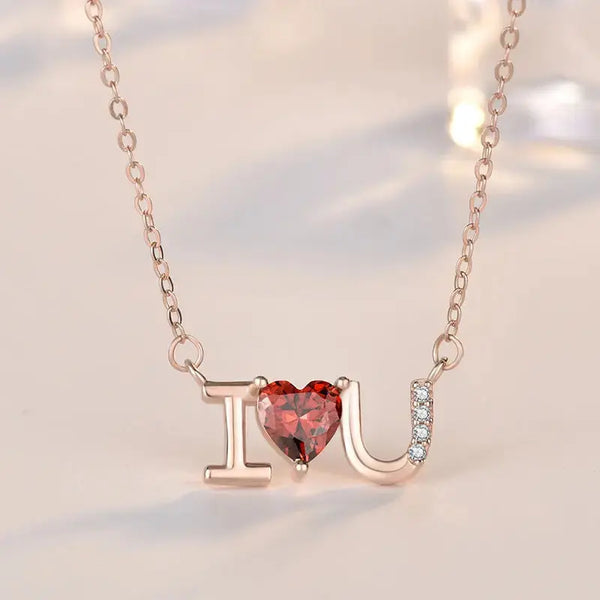 LOVCIA Wedding Red CZ I Love You Letters 925 Sterling Silver Necklace