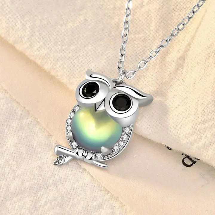 Cute Natural Moonstone CZ Owl 925 Sterling Silver Necklace LOVCIA