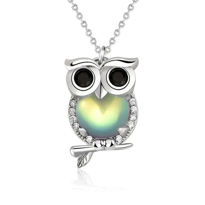 Cute Natural Moonstone CZ Owl 925 Sterling Silver Necklace LOVCIA