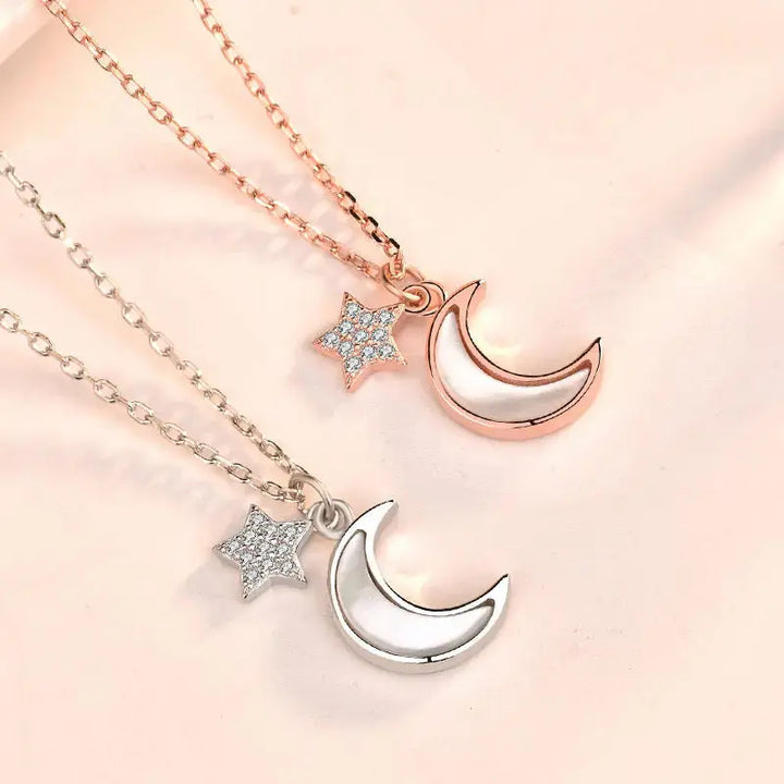 Girl Mother of Shell Crescent Moon CZ Stars 925 Sterling Silver Necklace LOVCIA