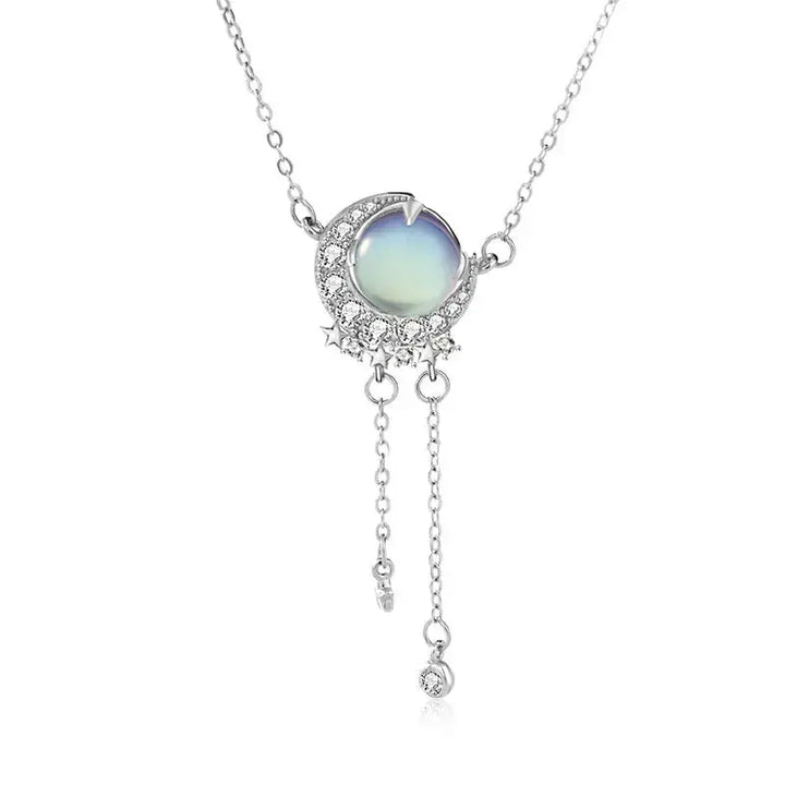 Holiday Natural Moonstone Star CZ Crescent Moon 925 Sterling Silver Necklace LOVCIA