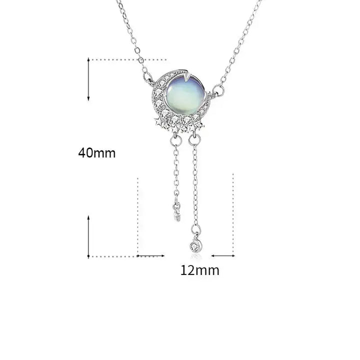 Holiday Natural Moonstone Star CZ Crescent Moon 925 Sterling Silver Necklace LOVCIA