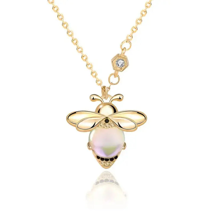 Natural Moonstone Honey Bee CZ Cute 925 Sterling Silver Necklace LOVCIA