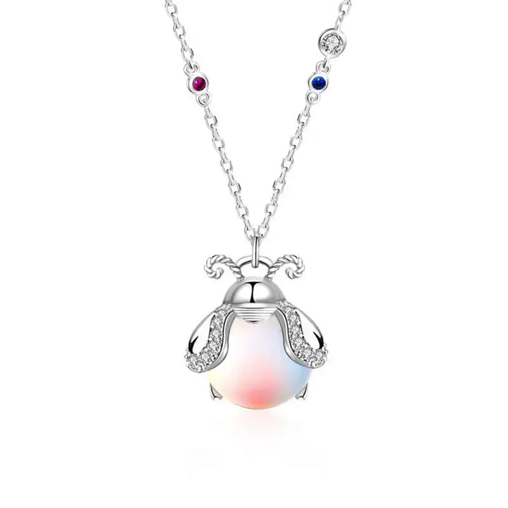 Cute Natural Moonstone Glowworm CZ 925 Sterling Silver Necklace LOVCIA