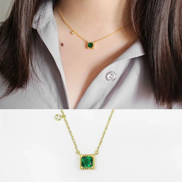 Fashion Green Square CZ 925 Sterling Silver Golden Necklace LOVCIA