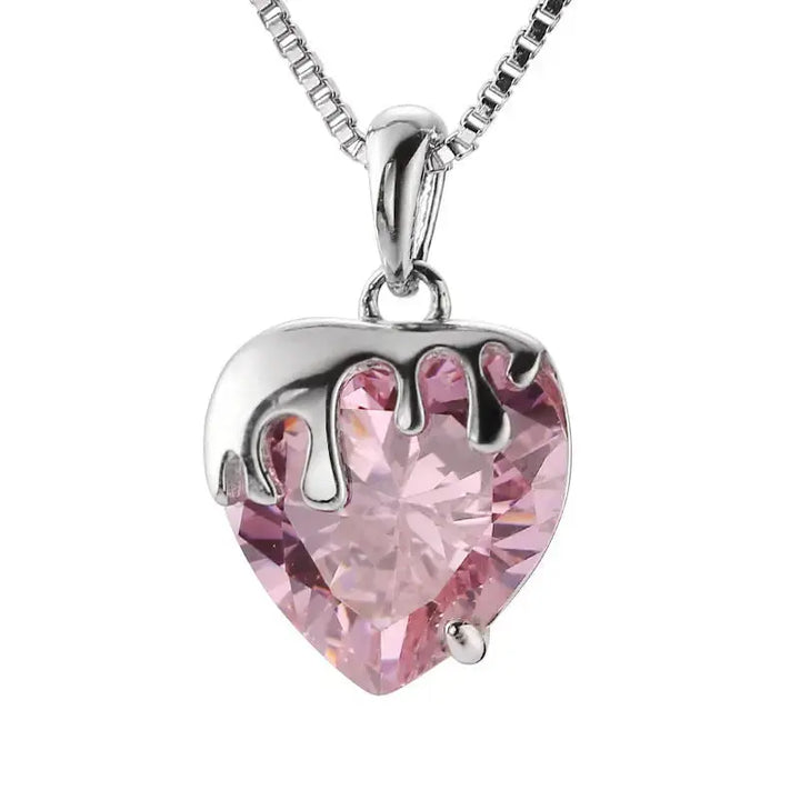 Lady Pink CZ Heart Flowing Lava 925 Sterling Silver Necklace LOVCIA