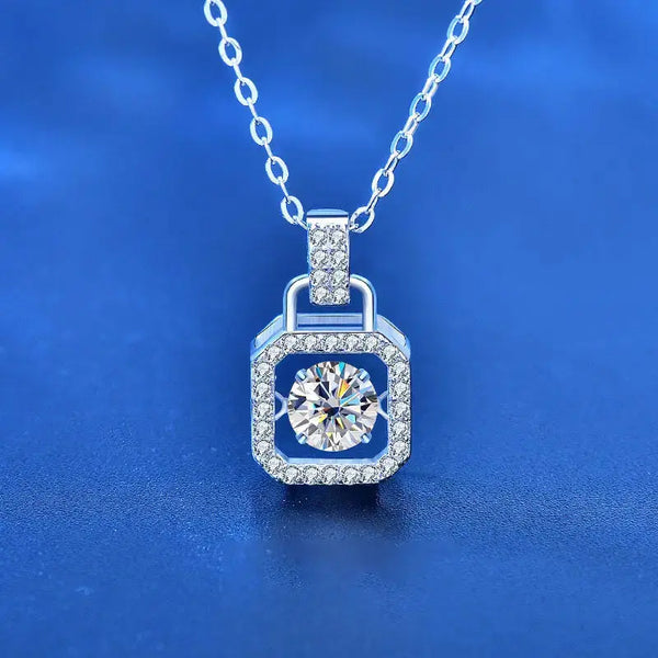 Casual Round Dancing Moissanite CZ Lock 925 Sterling Silver Necklace LOVCIA