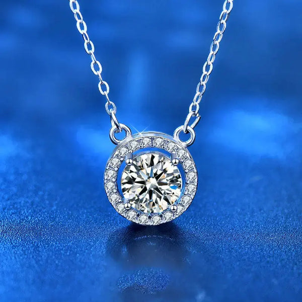 Women Round Moissanite CZ Border 925 Sterling Silver Necklace LOVCIA