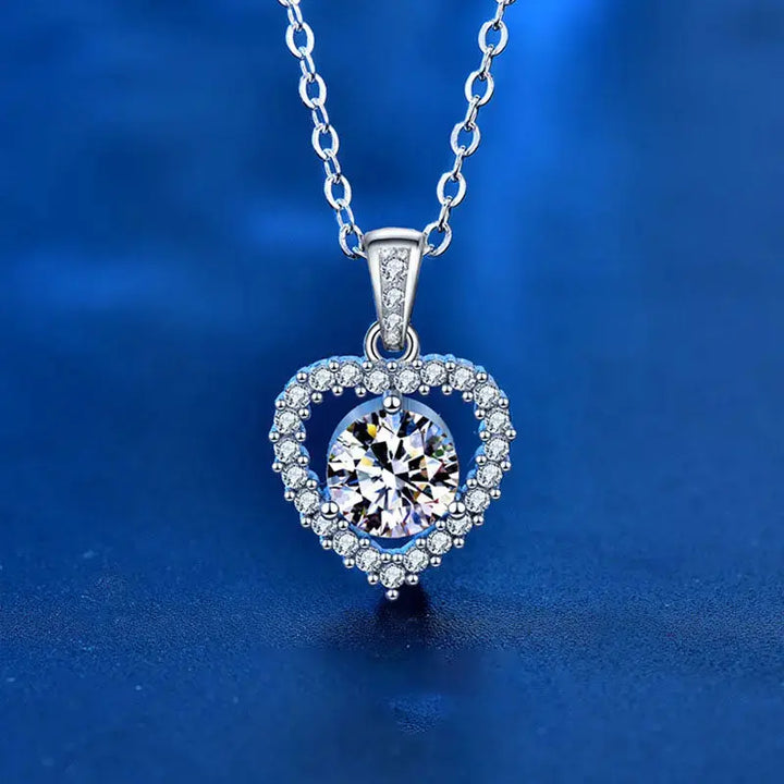 LOVCIA Wedding Dancing Moissanite CZ Heart 925 Sterling Silver Necklace