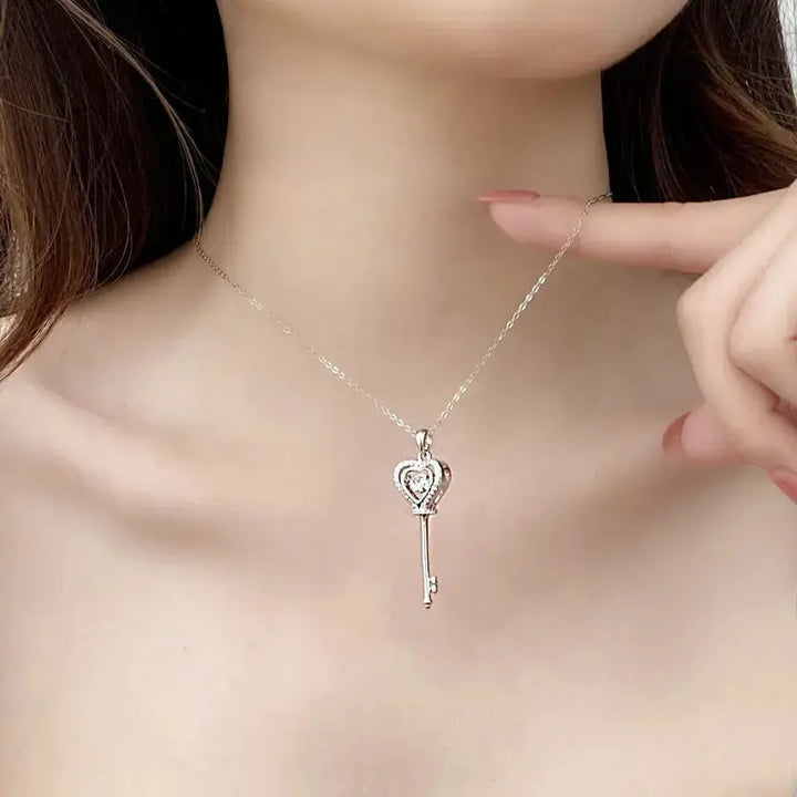 Women Promise Moissanite CZ Heart Key 925 Sterling Silver Necklace LOVCIA