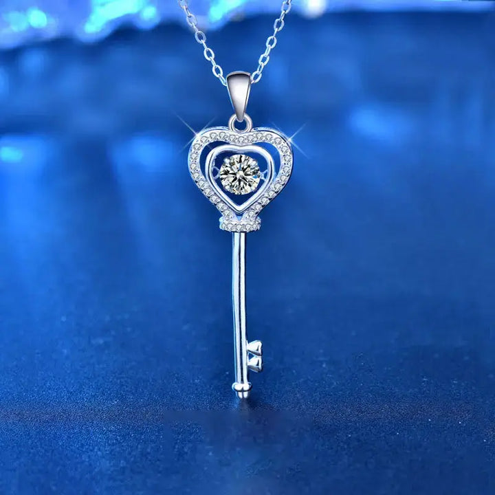 Women Promise Moissanite CZ Heart Key 925 Sterling Silver Necklace LOVCIA