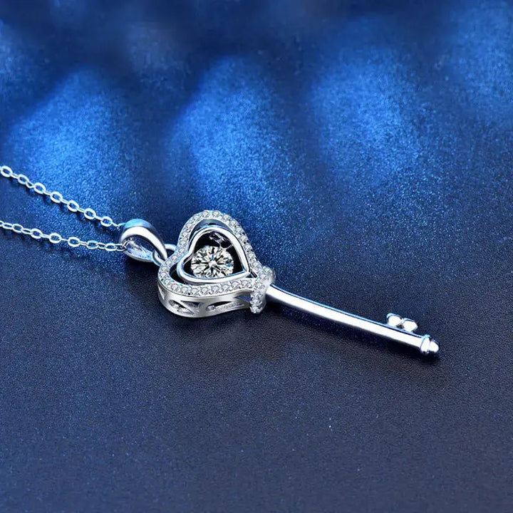 Women Promise Moissanite CZ Heart Key 925 Sterling Silver Necklace LOVCIA