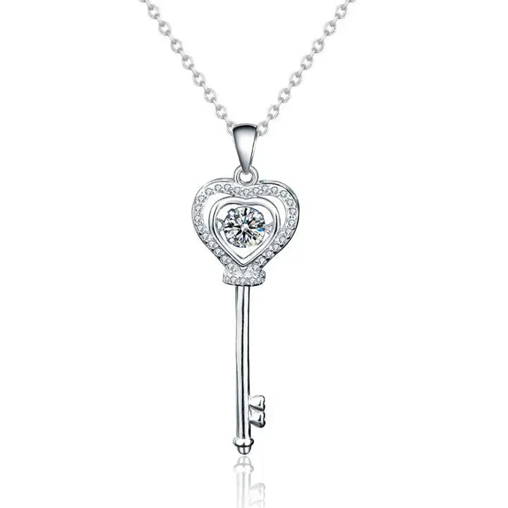 Women Promise Moissanite CZ Heart Key 925 Sterling Silver Necklace LOVCIA