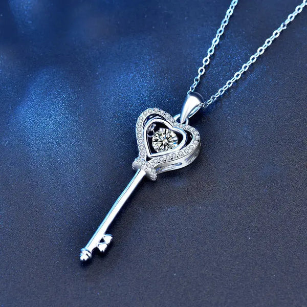 Women Promise Moissanite CZ Heart Key 925 Sterling Silver Necklace LOVCIA