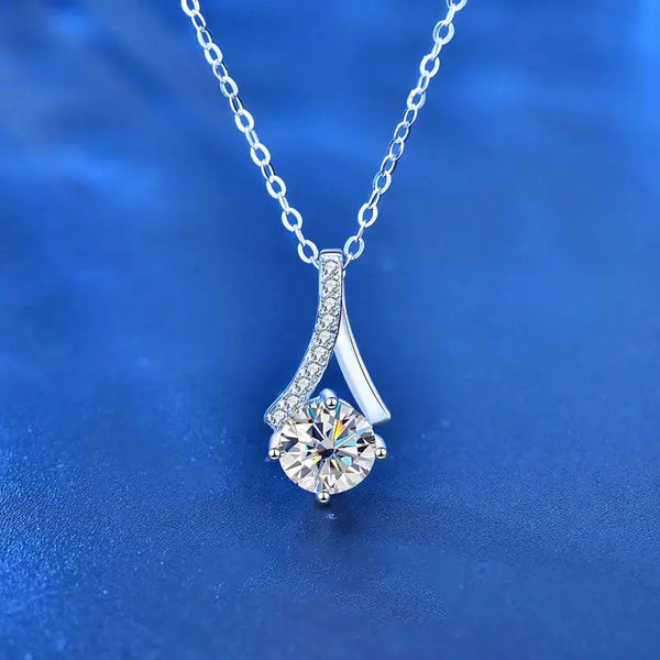 Lady Round Moissanite CZ Waterdrop 925 Sterling Silver Necklace LOVCIA