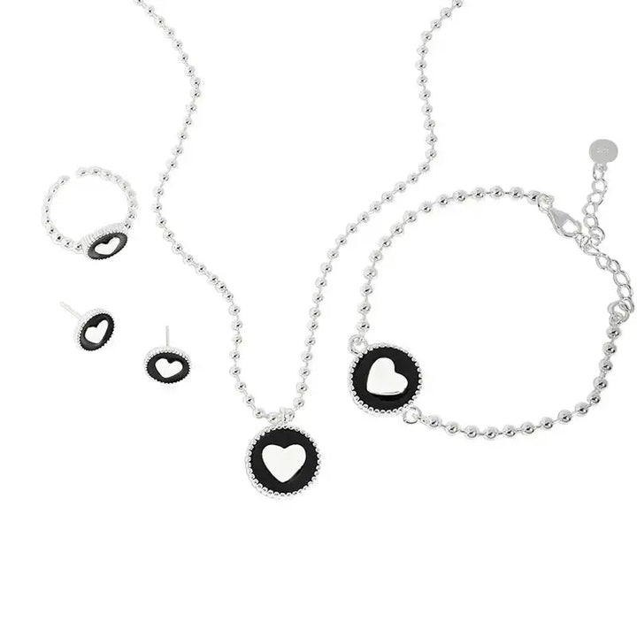 Women Heart Black Epoxy 925 Sterling Silver Necklace Ring Earrings Bracelet Jewelry Set LOVCIA