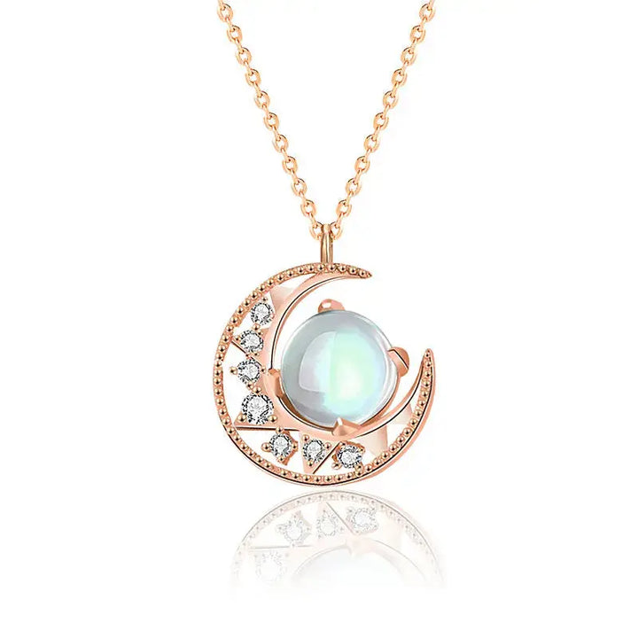 Lady Natural Moonstone Crescent Moon CZ 925 Sterling Silver Necklace LOVCIA