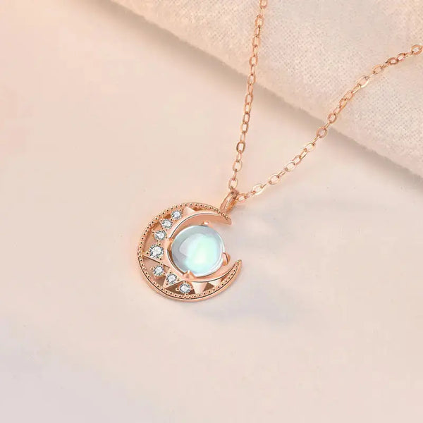 Lady Natural Moonstone Crescent Moon CZ 925 Sterling Silver Necklace LOVCIA