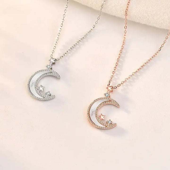 Women Mother of Shell Crescent Moon CZ Stars 925 Sterling Silver Necklace LOVCIA