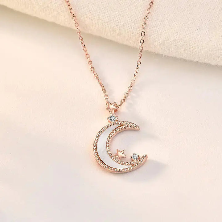 Women Mother of Shell Crescent Moon CZ Stars 925 Sterling Silver Necklace LOVCIA