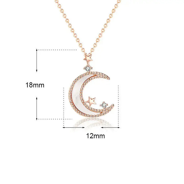 Women Mother of Shell Crescent Moon CZ Stars 925 Sterling Silver Necklace LOVCIA