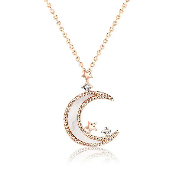 LOVCIA Women Mother of Shell Crescent Moon CZ Stars 925 Sterling Silver Necklace