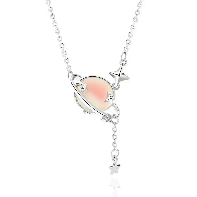 LOVCIA Elegant Natural Moonstone Planet Star 925 Sterling Silver Necklace
