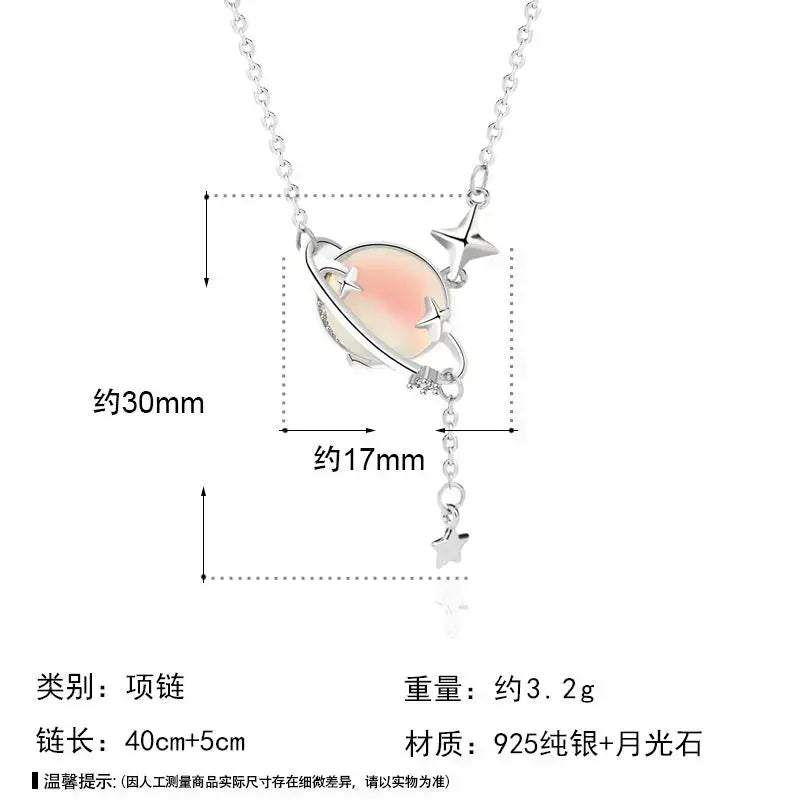 LOVCIA Elegant Natural Moonstone Planet Star 925 Sterling Silver Necklace