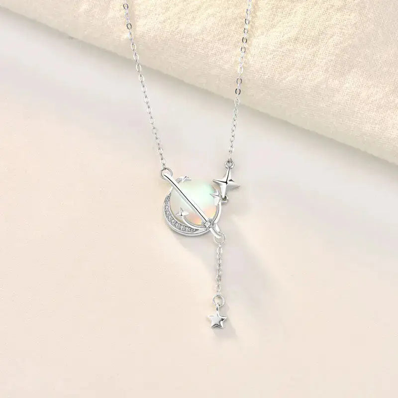 LOVCIA Elegant Natural Moonstone Planet Star 925 Sterling Silver Necklace