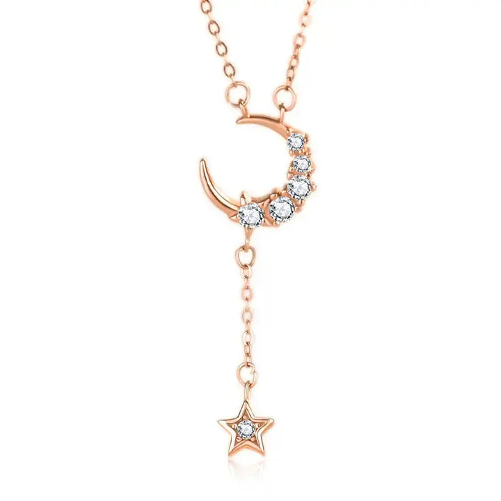 Sweet CZ Crescent Moon Star Tassels 925 Sterling Silver Necklace LOVCIA