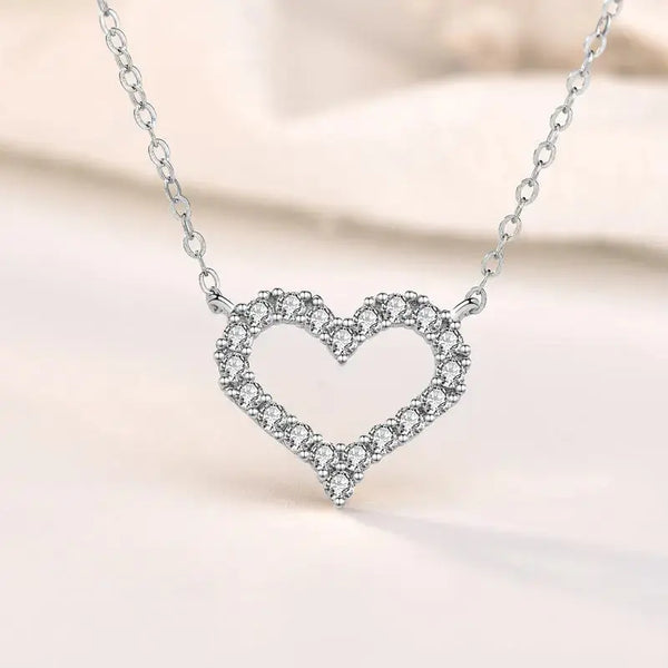 Simple Hollow CZ Heart 925 Sterling Silver Necklace LOVCIA