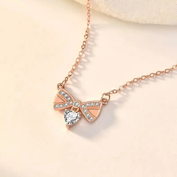 Sweet CZ Bowknot Hot 925 Sterling Silver Necklace LOVCIA