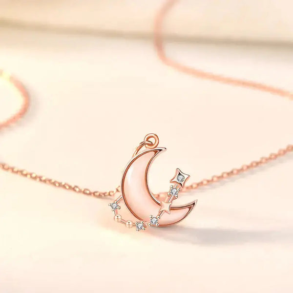 Women Shell Crescent Moon CZ 925 Sterling Silver Necklace LOVCIA