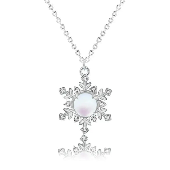 Women White Natural Moonstone CZ Snow Flake 925 Sterling Silver Necklace LOVCIA