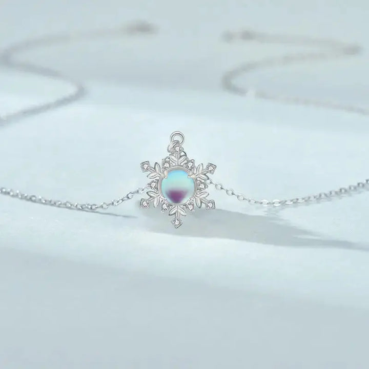 Women White Natural Moonstone CZ Snow Flake 925 Sterling Silver Necklace LOVCIA