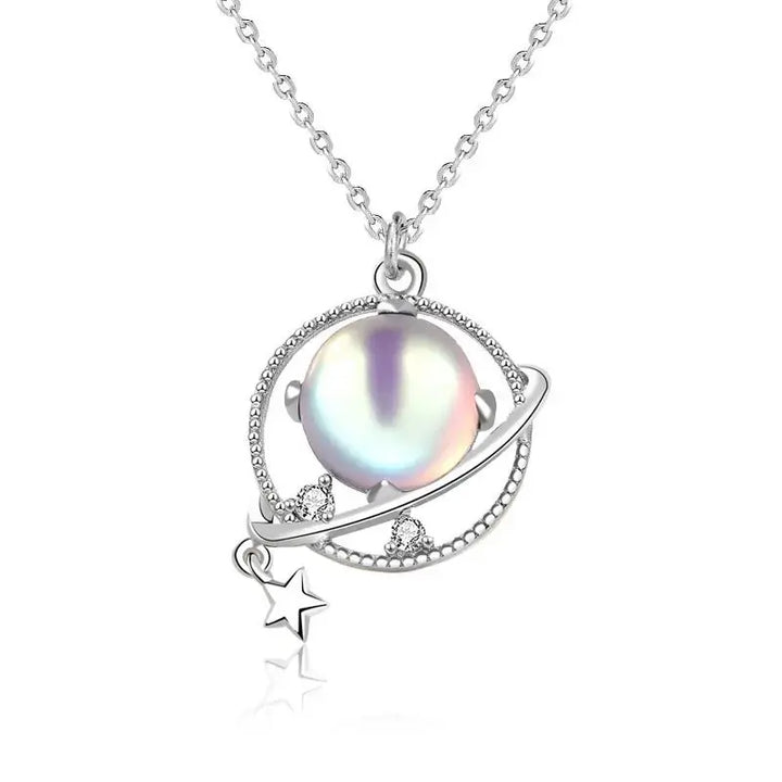 Gift Natural Moonstone Dream Planet Stars 925 Sterling Silver Necklace LOVCIA