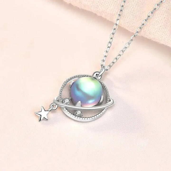 Gift Natural Moonstone Dream Planet Stars 925 Sterling Silver Necklace LOVCIA