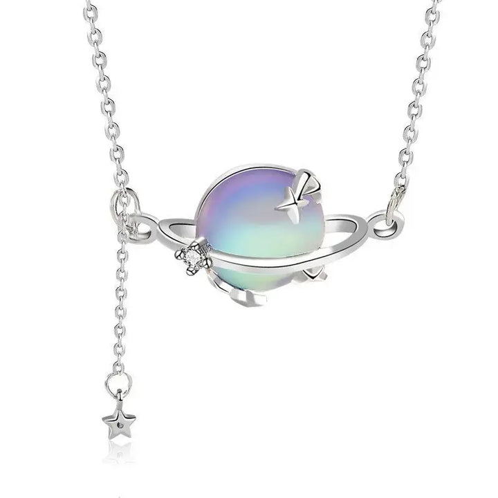 Gift Round Natural Moonstone Planet Stars 925 Sterling Silver Necklace LOVCIA