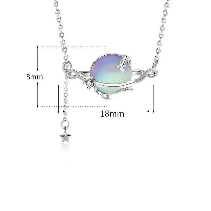 Gift Round Natural Moonstone Planet Stars 925 Sterling Silver Necklace LOVCIA