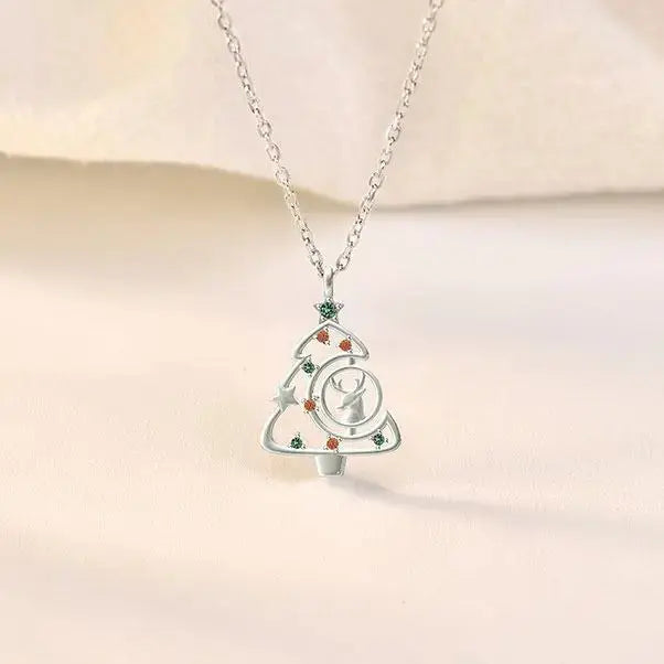 Colorful CZ Christmas Tree Elk Deer 925 Sterling Silver Necklace LOVCIA