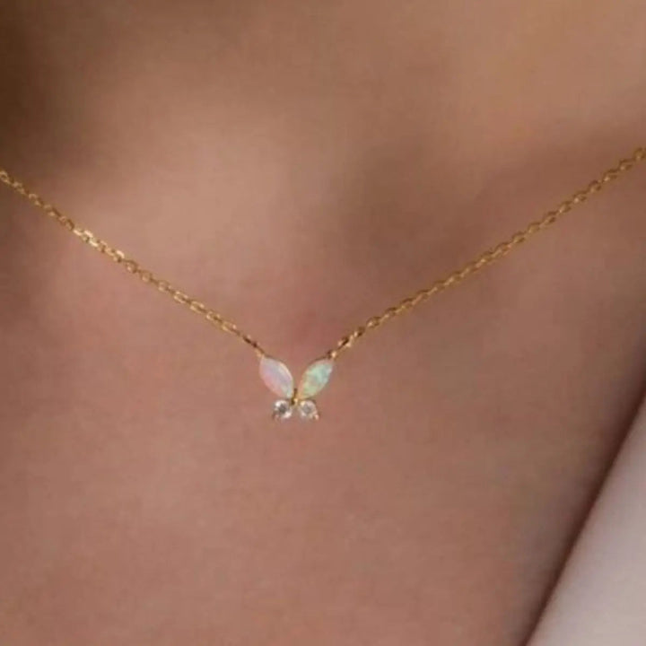 LOVCIA Titanium Steel Natural Opal Butterfly Necklace