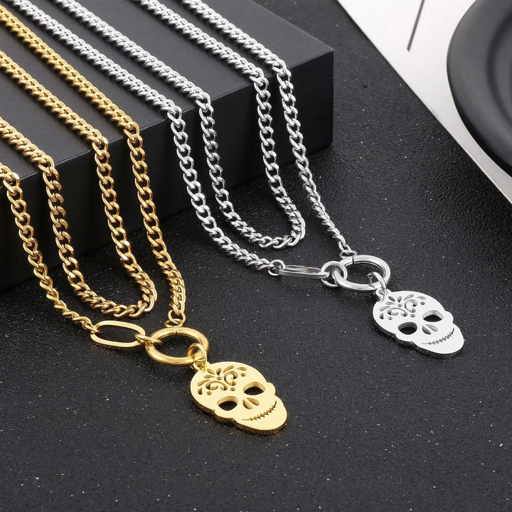 LOVCIA Skull Shape Double-Layered Pendant Necklace