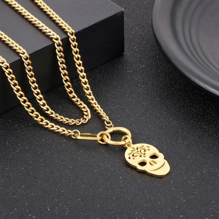 LOVCIA Skull Shape Double-Layered Pendant Necklace