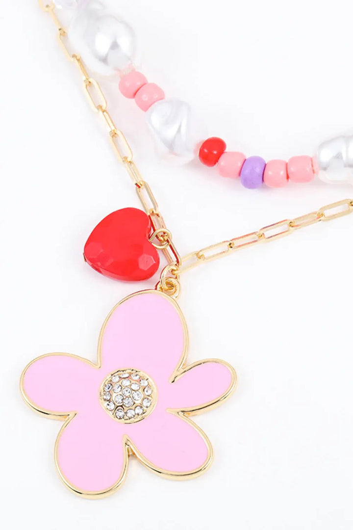 LOVCIA Flower and Heart Pendant Layered Necklace